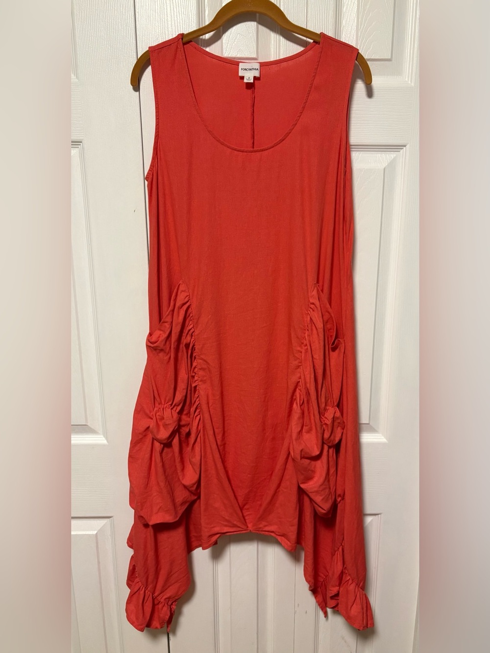 Forcynthia Coral Linen Blend Sleeveless Gathered Pocket Dress